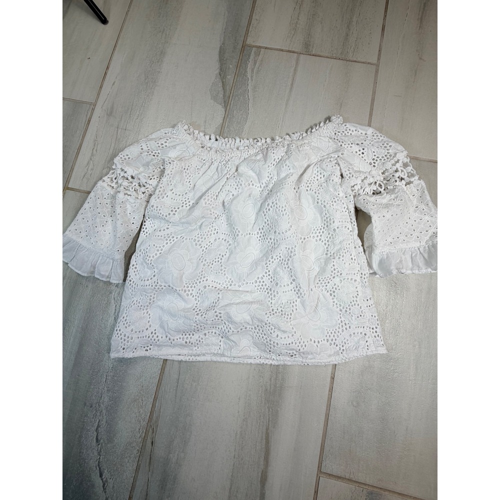 Lilly Pulitzer White Eyelet Cotton Off The Shoulder Ruffle Sleeve Blouse XS